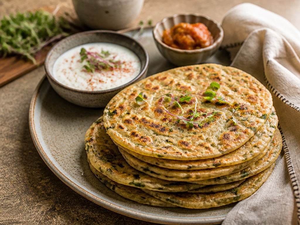ಮೊಸರು ಮತ್ತು ಉಪ್ಪಿನಕಾಯಿಯೊಂದಿಗೆ ಚಿನ್ನದ ಬಣ್ಣದ ಮೈಕ್ರೊಗ್ರೀನ್ ಪರಾಠಗಳ ರಾಶಿ